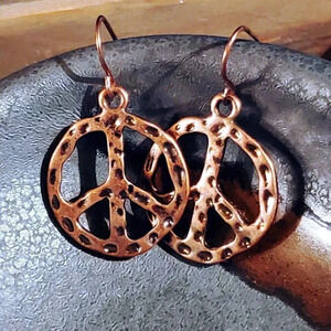 Rustic Antique Copper Hammered Look Peace Sign Earrings